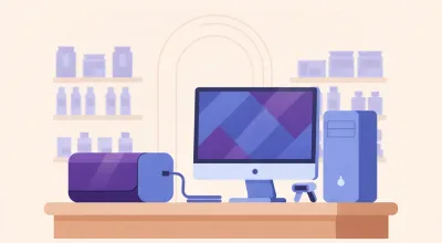 Ilustración de una UPS de escritorio junto a la PC y el monitor de un mostrador de comercio, con un cable de red al lado