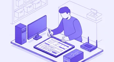 Ilustración de una persona sumando en una planilla el consumo en watts de la PC, el monitor y el router del mostrador antes de elegir una UPS