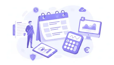 Ilustración vectorial de calendario y calculadora mostrando el cálculo de vacaciones en Bolivia