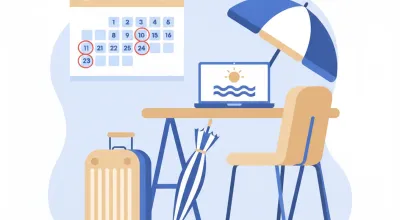 Calendario con días marcados, valija y sombrilla junto a un escritorio de trabajo con una laptop