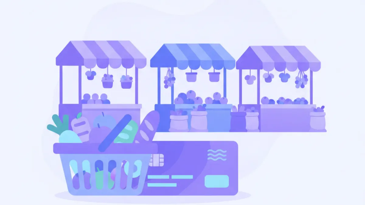 Canasta con alimentos frente a una tarjeta electrónica de despensa y puestos de mercado mexicano