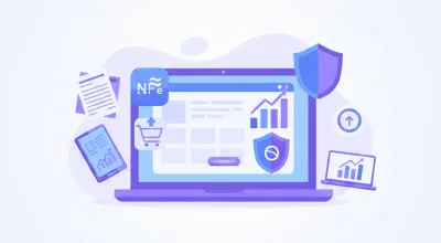 Ilustração vetorial flat em tons violeta e azul mostrando um laptop com uma loja virtual própria, ícones de NF-e, carrinho de compras e gráfico de crescimento