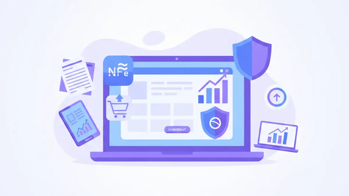 Ilustração vetorial flat em tons violeta e azul mostrando um laptop com uma loja virtual própria, ícones de NF-e, carrinho de compras e gráfico de crescimento