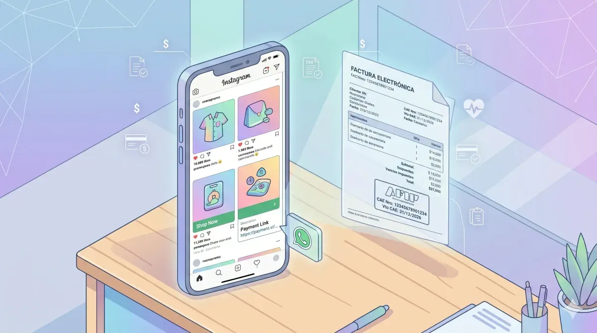 Celular mostrando feed de productos en Instagram con flecha que conecta a un link de pago de MercadoPago y luego a una factura electrónica AFIP