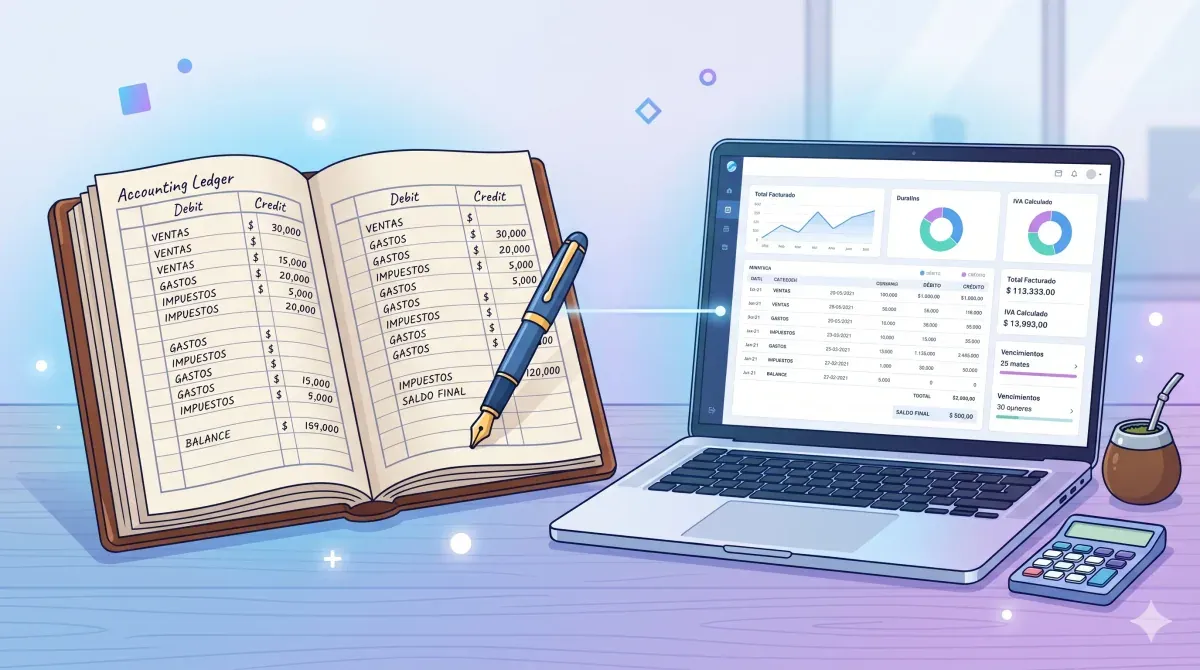 Emprendedora en su living con notebook revisando un dashboard de ventas online con métricas y notificaciones