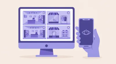 Ilustración de una pantalla de PC mostrando varias cámaras del local a la vez, junto al celular del dueño con la app del fabricante apagada