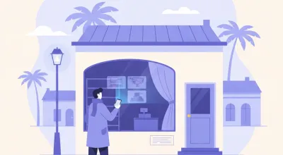 Ilustración de una persona mirando en su celular, desde la calle, el video de las cámaras de su comercio cerrado