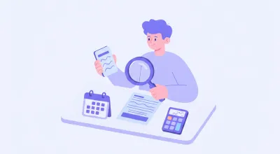 Persona revisando un recibo de sueldo en el celular con una lupa, junto a un calendario y una calculadora