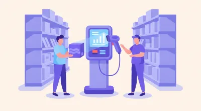 Ilustración de un pasillo de supermercado con un verificador de precios de pie, con una pantalla y un lector de código de barras, donde un cliente escanea un producto