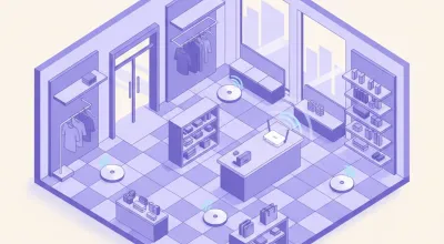 Ilustración de un local comercial visto desde arriba con un router en el mostrador y nodos de una red Wi-Fi mesh repartidos por el salón