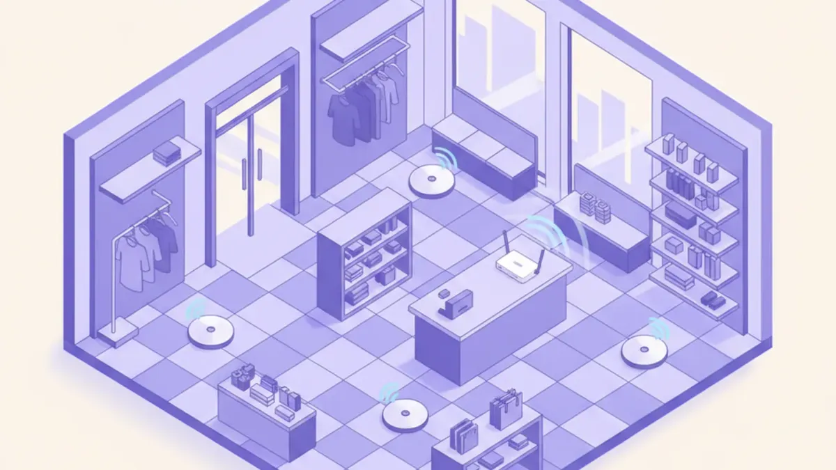 Ilustración de un local comercial visto desde arriba con un router en el mostrador y nodos de una red Wi-Fi mesh repartidos por el salón