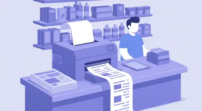 Ilustración de una impresora térmica Xprinter de 80 mm sobre el mostrador de un kiosco imprimiendo un ticket