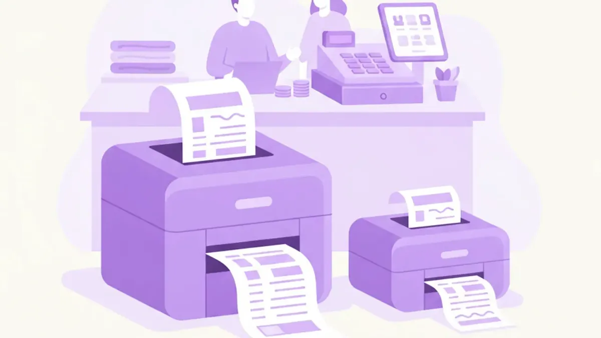 Ilustración de una impresora térmica Xprinter de 80 mm sobre el mostrador de un kiosco imprimiendo un ticket