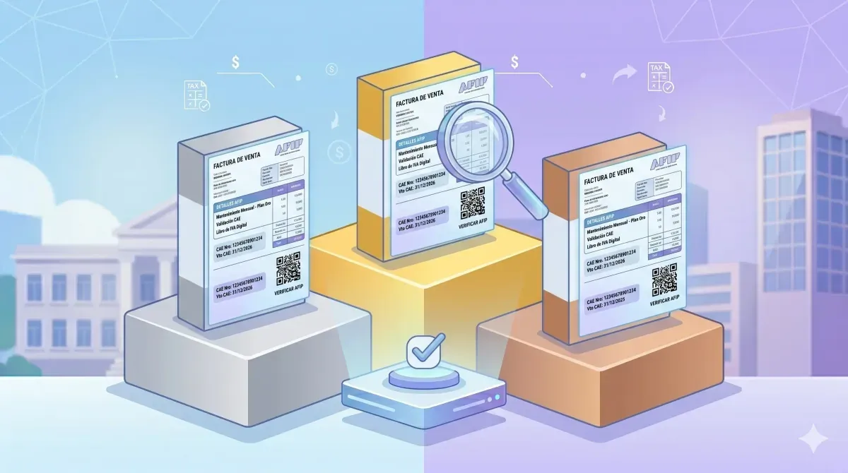 Tres columnas paralelas en formato de gráfico de barras, cada una con un ícono de software de facturación y badges de features