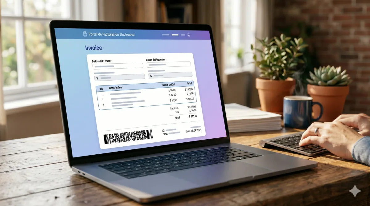 AFIP Factura Electrónica: notebook con una factura electrónica argentina abierta, mostrando el CAE de 14 dígitos al pie del comprobante