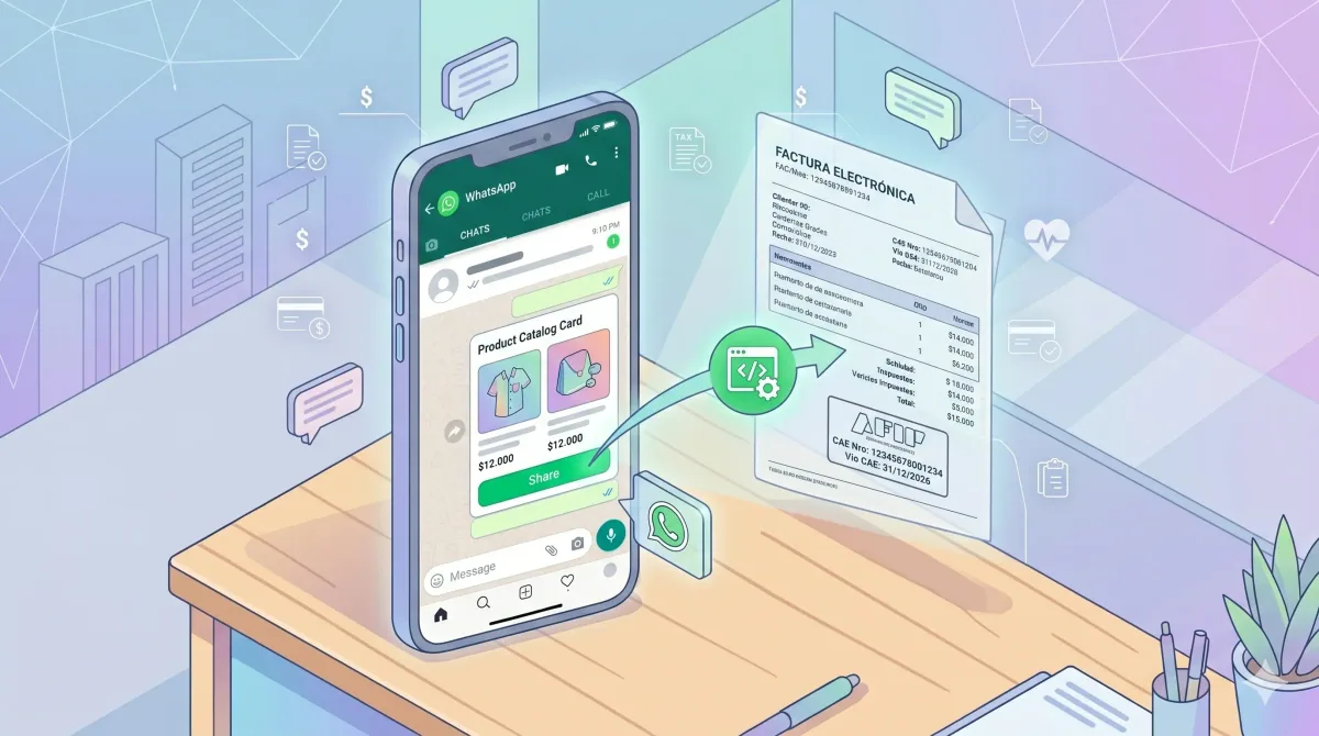 Chat de WhatsApp con tarjeta de producto incrustada y flecha que conecta a una factura electrónica generada automáticamente