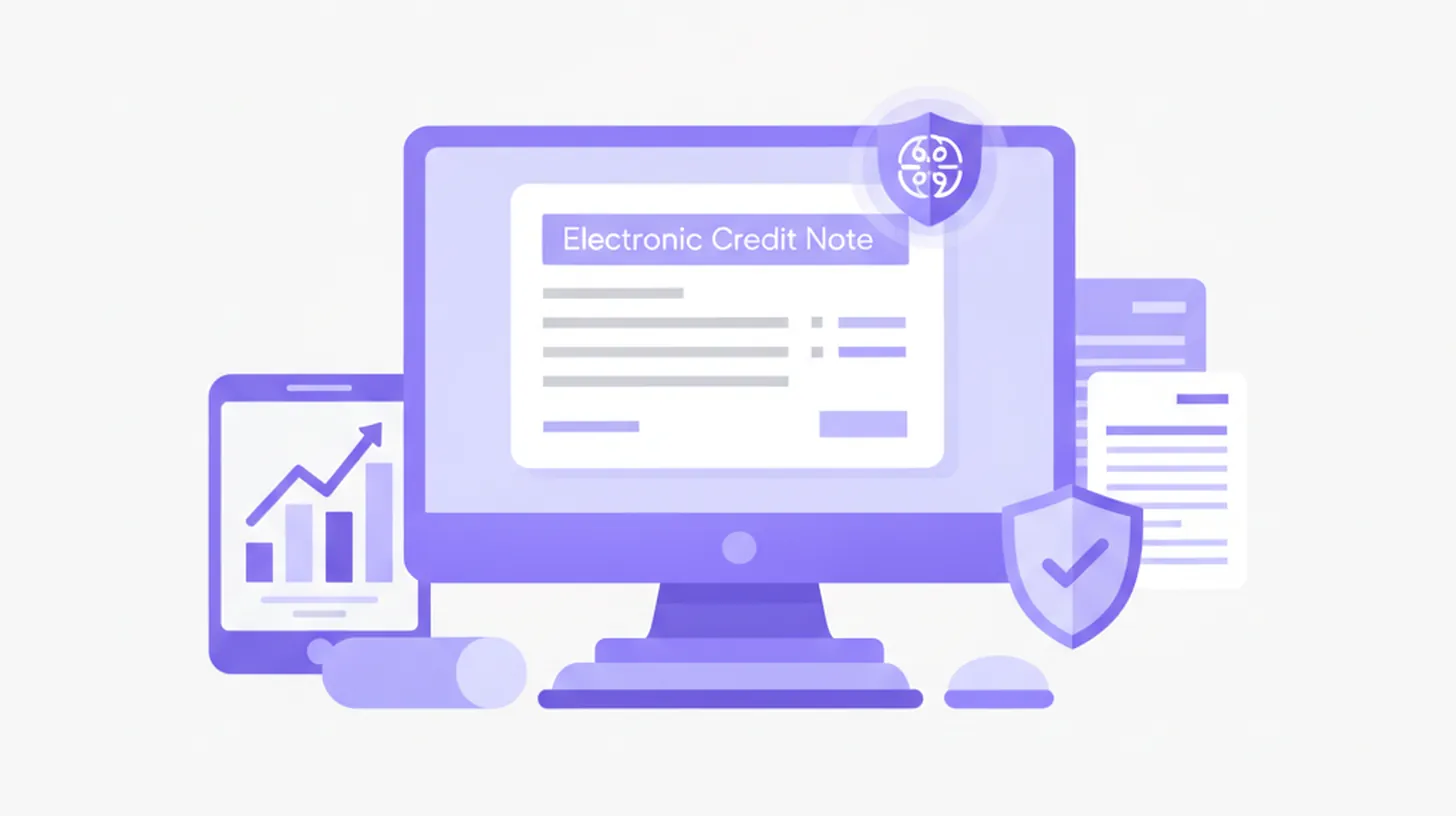 Ilustración vectorial de una nota de crédito electrónica con íconos de SII y computadora