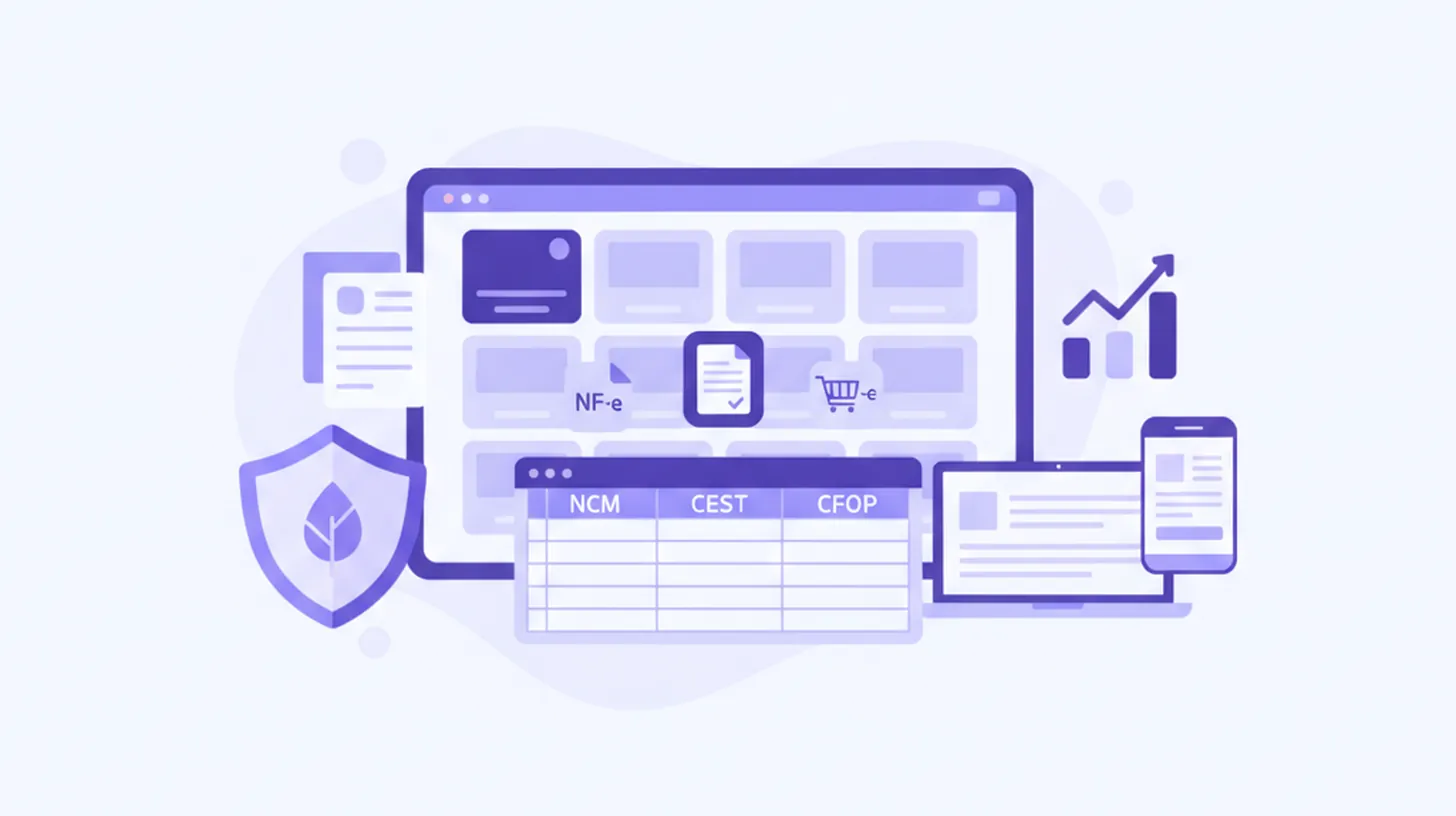 Ilustração vetorial flat em tons violeta e azul mostrando um catálogo de produtos online com ícones de NF-e, NFC-e, NCM, CEST e integração com e-commerce no Brasil