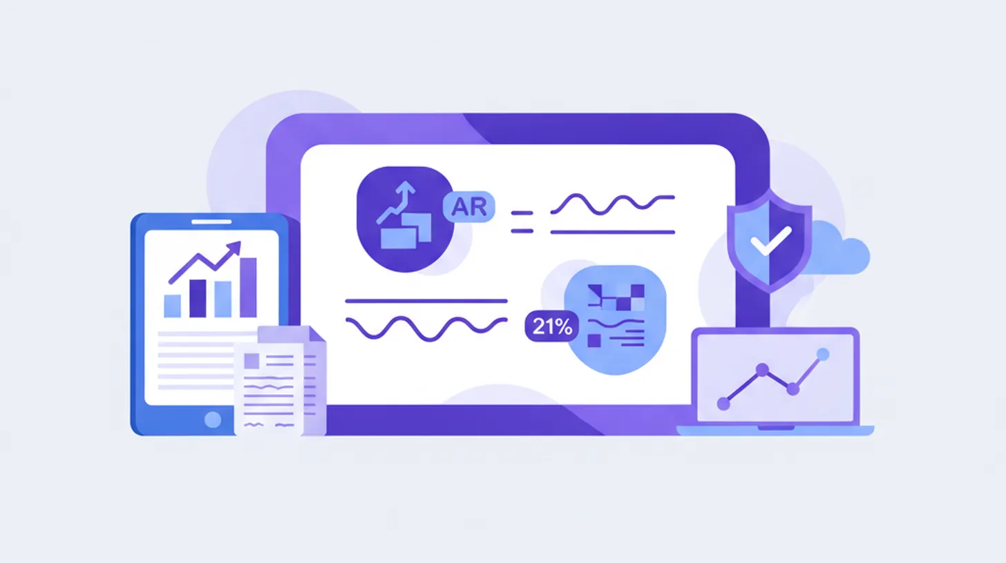Ilustración vectorial plana estilo violeta/azul de una calculadora con iconos de impuestos argentinos (IVA, ARCA, Monotributo) y un carrito de compras online, fondo limpio sin texto