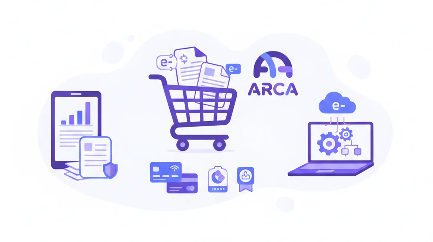 Ilustración vectorial de un carrito de compras con íconos de facturación electrónica, ARCA y tarjetas de crédito en tonos violeta y azul