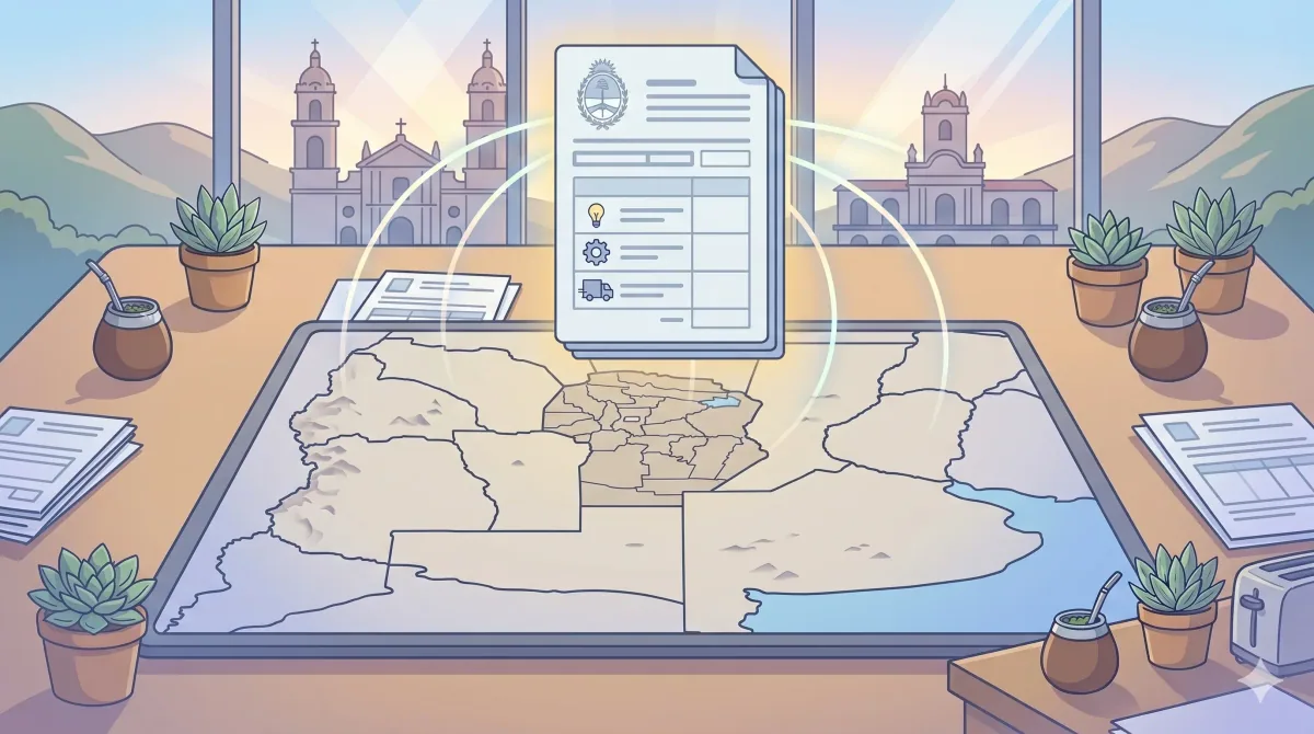 Mapa de la provincia de Córdoba con el cabildo histórico al fondo y un dispositivo mostrando el portal DGR