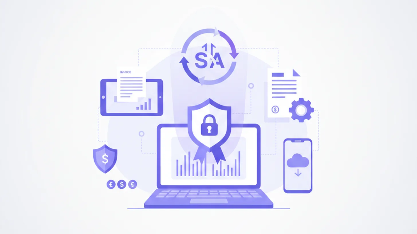 Ilustración plana de una computadora con certificado digital y logo del SAT
