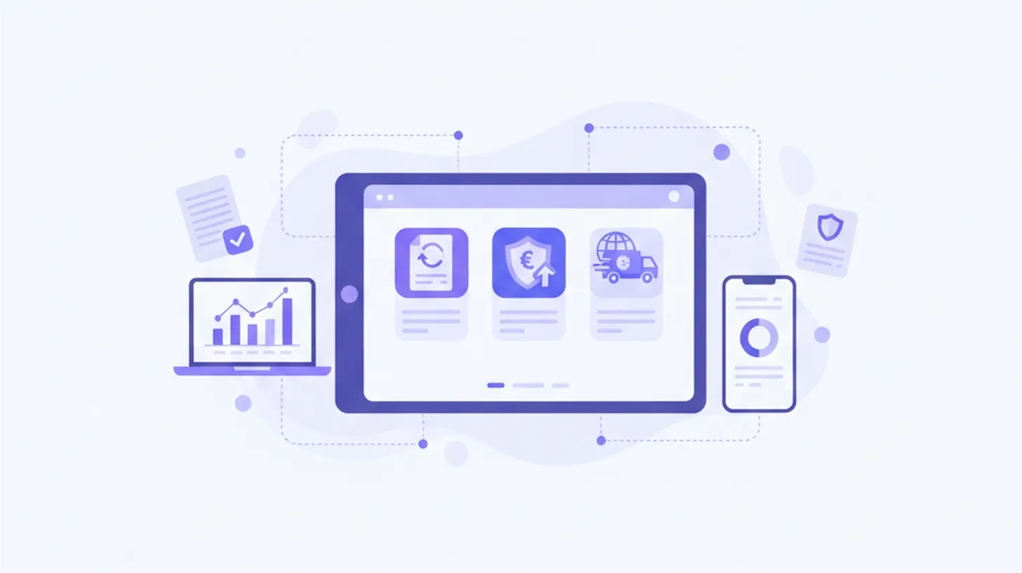 Ilustración vectorial de una tienda online con íconos de facturación, impuestos y logística en tonos violeta y azul