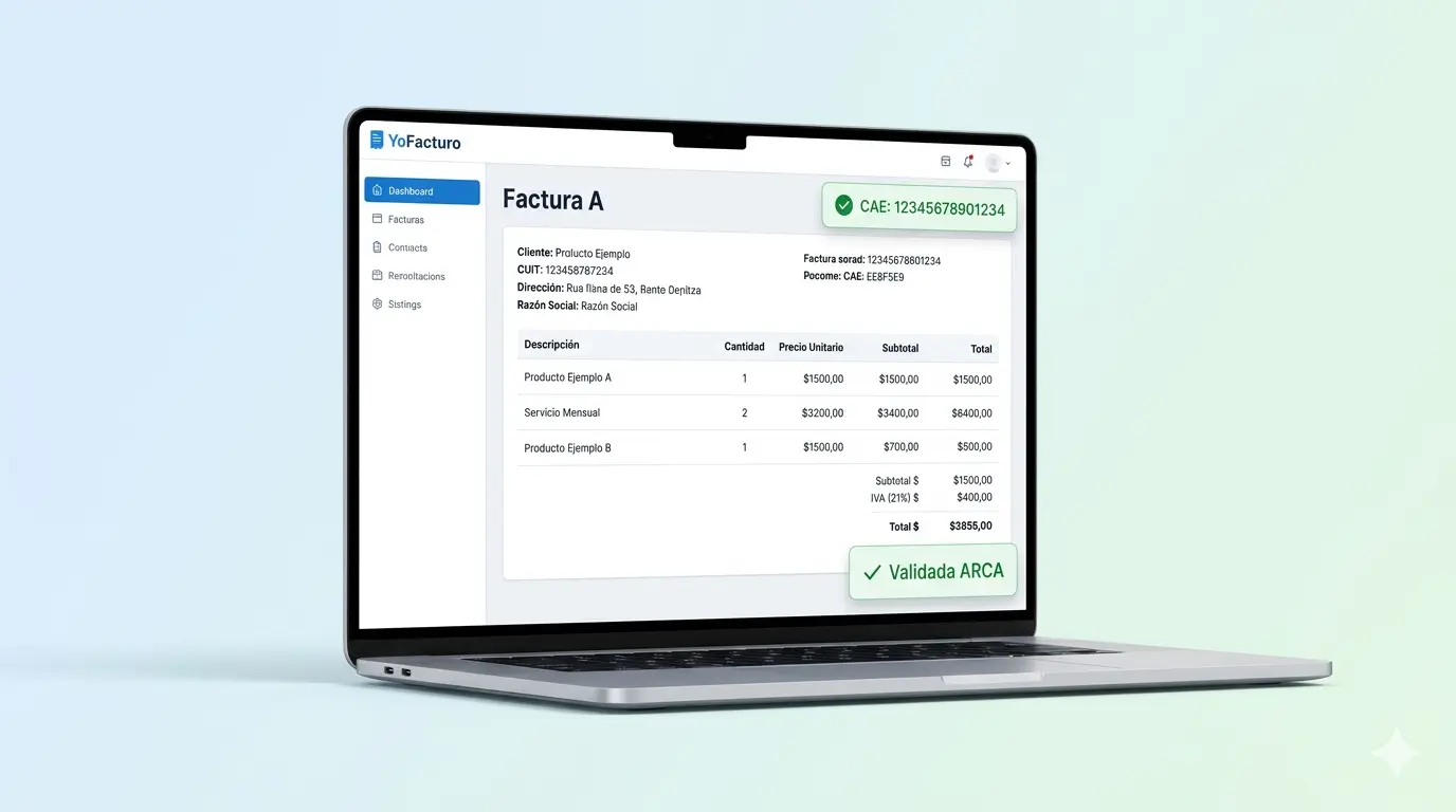 Pantalla de YoFacturo emitiendo una factura electrónica AFIP/ARCA con CAE en segundos
