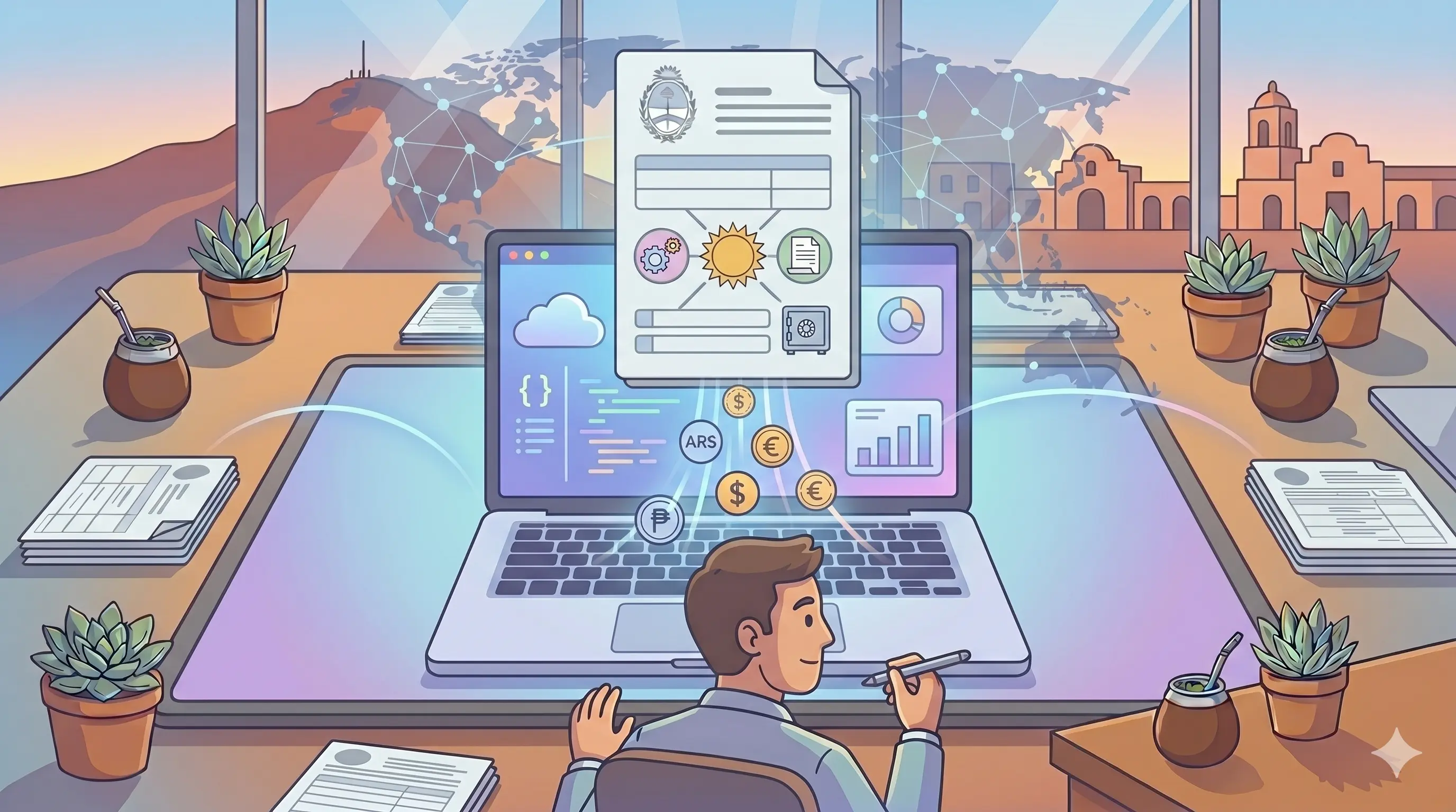 Notebook abierta con código y un formulario de impuesto a los servicios digitales superpuesto