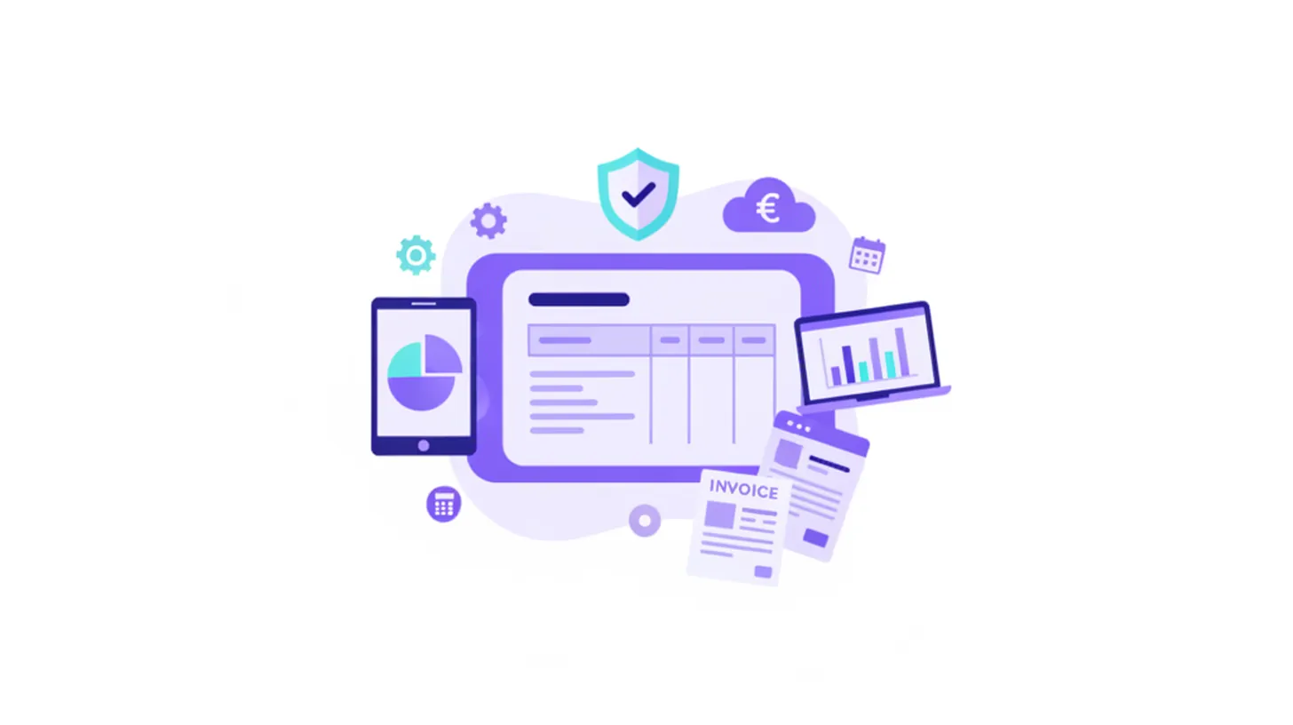 Ilustración vectorial de liquidación de sueldo: planilla de haberes con conceptos remunerativos, descuentos y sueldo neto, estilo flat design en violeta y azul