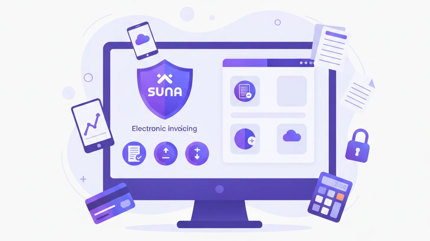 Ilustración vectorial de notas de crédito y débito electrónicas con íconos de SUNAT y computadoras