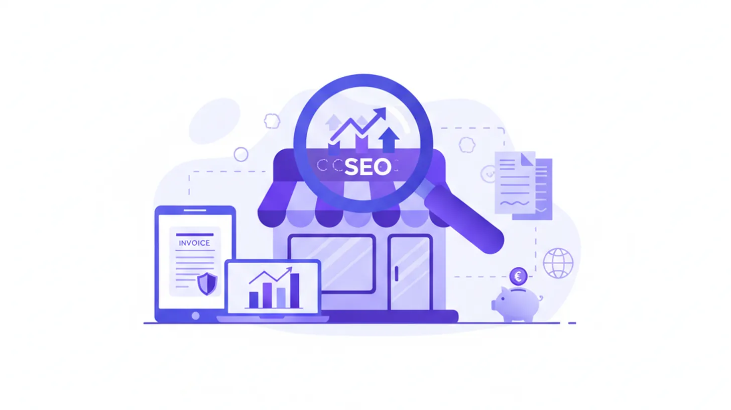 Ilustración vectorial de una tienda online con lupa de SEO en tonos violeta y azul