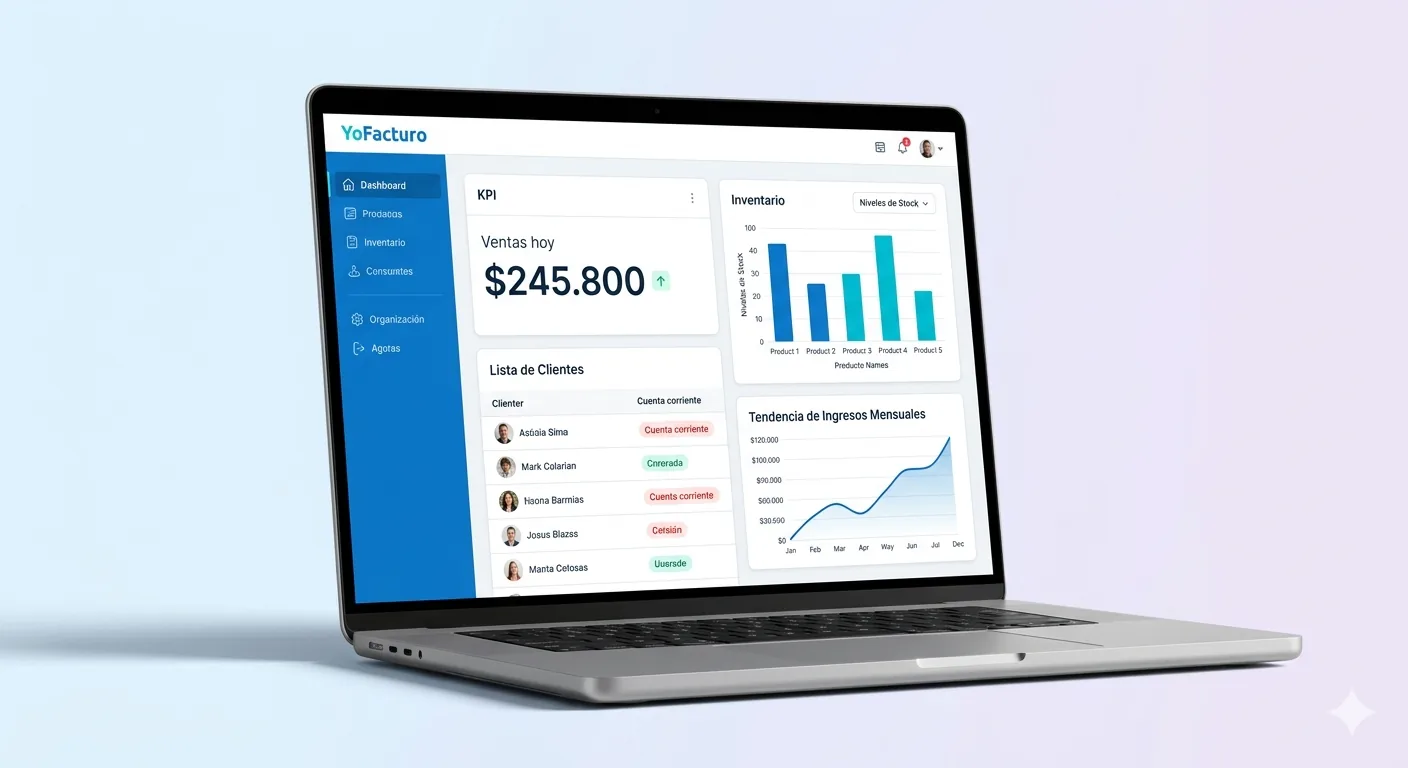 Dashboard del sistema de gestión empresarial YoFacturo: ventas, stock, clientes y facturación en una sola pantalla