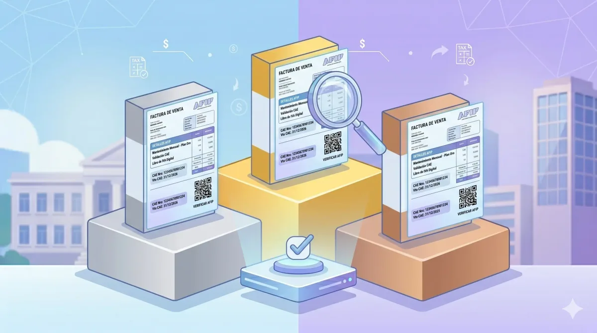 Tres columnas paralelas en formato de gráfico de barras, cada una con un ícono de software de facturación y badges de features